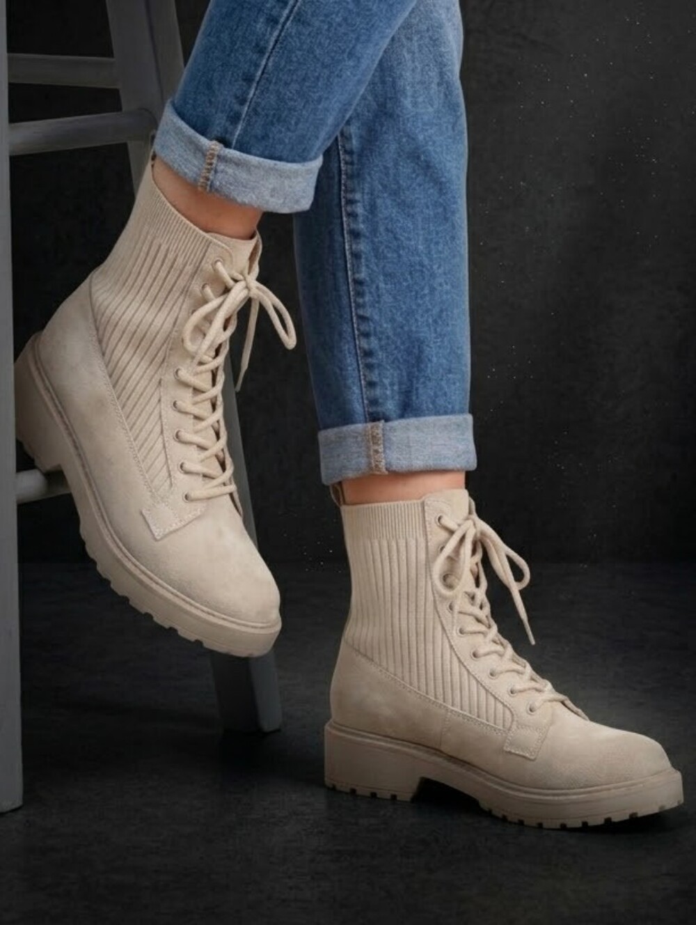 Steve Madden Veeta Combat Boots Sand Suede Knit Sock Lug Sole Chunky Lace Up